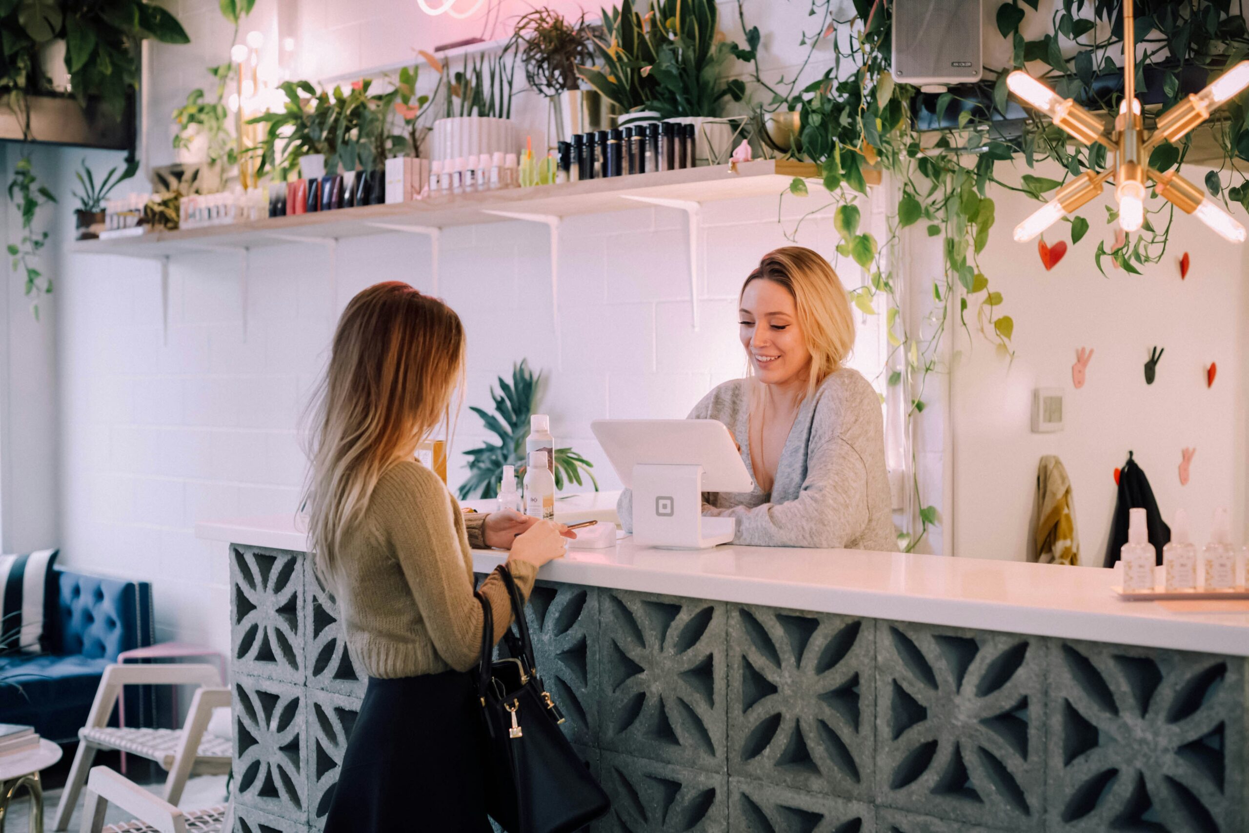 Woman facing on white counter